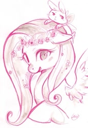 Size: 397x576 | Tagged: safe, artist:mi-eau, character:angel bunny, character:fluttershy, floral head wreath, flower, monochrome, traditional art