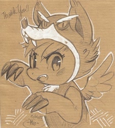Size: 371x413 | Tagged: safe, artist:mi-eau, character:scootaloo, species:pegasus, species:pony, species:wolf, clothing, costume, female, monochrome, scootawolf, solo, traditional art, wolf costume