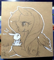 Size: 472x531 | Tagged: safe, artist:mi-eau, character:angel bunny, character:fluttershy, cardboard, carrying, monochrome, partial color, pet, photo, sepia, traditional art
