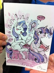 Size: 630x850 | Tagged: safe, artist:mi-eau, character:rarity, character:twilight sparkle, ..., book, brush, dialogue, grooming, haircut, japan expo, magic, photo, scissors, sitting, speech bubble, traditional art, watercolor painting