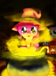 Size: 1120x1520 | Tagged: safe, artist:hoyeechun, character:angel bunny, character:fluttershy, character:pinkie pie, species:earth pony, species:pegasus, species:pony, candy, candy cane, cauldron, clothing, duo, eye sparkles, food, hat, solo focus, wingding eyes, witch hat, wizard