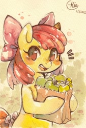 Size: 507x752 | Tagged: safe, artist:mi-eau, character:apple bloom, species:earth pony, species:pony, apple, bag, bipedal, carrying, female, filly, groceries, paper bag, solo, traditional art, watercolor painting