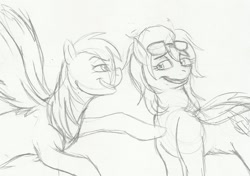 Size: 1441x1014 | Tagged: safe, artist:enigmaticfrustration, character:rainbow dash, character:spitfire, ship:spitdash, female, goggles, lesbian, monochrome, shipping, traditional art