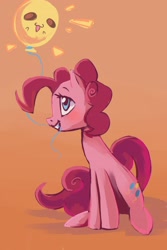 Size: 2160x3240 | Tagged: safe, artist:my-magic-dream, character:pinkie pie, balloon, cute, diapinkes, female, mouth hold, orange background, profile, simple background, sitting, solo