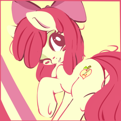 Size: 800x800 | Tagged: dead source, safe, artist:clockworkquartet, character:apple bloom, species:earth pony, species:pony, abstract background, alternate cutie mark, female, filly, looking at you, looking back, looking back at you, one eye closed, plot, raised hoof, rear view, smiling, solo, underhoof, wink