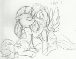 Size: 1584x1227 | Tagged: safe, artist:enigmaticfrustration, character:fluttershy, character:rarity, ship:rarishy, female, kissing, lesbian, monochrome, shipping, traditional art