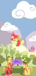 Size: 1024x2156 | Tagged: safe, artist:coggler, character:apple bloom, character:apple fritter, character:applejack, character:big mcintosh, character:braeburn, species:earth pony, species:pony, apple family member, barn, blanket, blanket toss, flying, male, orchard, stallion