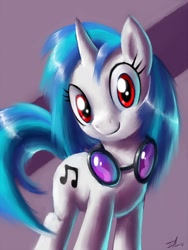 Size: 800x1066 | Tagged: dead source, safe, artist:swaetshrit, character:dj pon-3, character:vinyl scratch, species:pony, species:unicorn, cute, female, smiling, solo, vinylbetes, wrong eye color