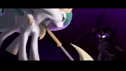 Size: 1024x576 | Tagged: dead source, safe, artist:zedrin, character:king sombra, character:princess celestia, fall of the crystal empire, fight, weapon