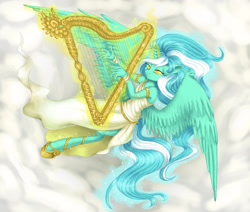 Size: 2659x2256 | Tagged: safe, artist:misukitty, character:lyra heartstrings, species:alicorn, species:anthro, species:pony, species:unguligrade anthro, alicornified, clothing, cropped, female, glowing horn, harp, horn, lyracorn, magic, mare, musical instrument, race swap, solo, spread wings, telekinesis, wings