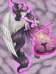 Size: 2121x2827 | Tagged: safe, artist:misukitty, character:octavia melody, species:alicorn, species:anthro, species:pony, alicornified, arm hooves, bow, bow (instrument), cello, cello bow, clothing, female, flying, large voluminous hair, magic, musical instrument, octacorn, race swap, semi-anthro, solo