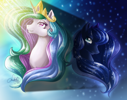 Size: 2298x1800 | Tagged: safe, artist:jadedjynx, character:princess celestia, character:princess luna, species:alicorn, species:pony, bust, crying, female, jewelry, regalia, royal sisters, shadow, siblings, sisters, stars, sunlight