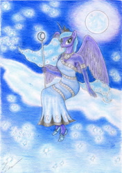 Size: 1456x2074 | Tagged: safe, artist:sinaherib, character:princess luna, species:anthro, clothing, cloud, cloudy, dress, female, looking at you, moon, sitting, smiling, solo, spread wings, traditional art, wings