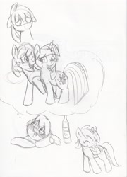 Size: 2264x3136 | Tagged: safe, artist:enigmaticfrustration, character:berry punch, character:berryshine, character:cheerilee, character:ruby pinch, character:twilight sparkle, ship:cheerilight, drunk, female, imagination, lesbian, shipping, sketch dump, traditional art