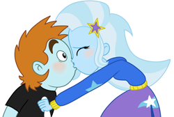 Size: 1076x722 | Tagged: source needed, safe, artist:kog, character:snips, character:trixie, my little pony:equestria girls, blushing, female, kissing, male, shipping, sniptrix, straight, trips