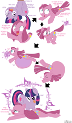 Size: 2056x3520 | Tagged: source needed, safe, artist:adlaz, artist:quarantinedchaoz, character:pinkamena diane pie, character:pinkie pie, character:twilight sparkle, species:earth pony, species:pony, species:unicorn, backbend, comic, eaten alive, female, flexible, high res, mare, pinkie pred, preylight, reverse vore, soft vore, teleportation, televortation, tongue out, vore