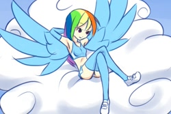 Size: 600x400 | Tagged: safe, artist:drantyno, character:rainbow dash, armpits, clothing, cloud, female, humanized, midriff, shoes, shorts, sneakers, solo, sports bra, winged humanization