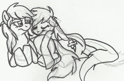 Size: 1306x853 | Tagged: safe, artist:enigmaticfrustration, character:rainbow dash, character:spitfire, ship:spitdash, cuddling, eyes closed, female, lesbian, monochrome, shipping, snuggling, traditional art
