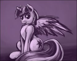 Size: 1236x977 | Tagged: safe, artist:bantha, character:twilight sparkle, character:twilight sparkle (alicorn), species:alicorn, species:pony, female, mare, monochrome, palindrome get, smiling, solo