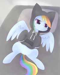 Size: 1527x1920 | Tagged: safe, artist:ginmaruxx, character:rainbow dash, species:pegasus, species:pony, g4, gray background, hoodie, laying on back, shadow, simple background, spread wings