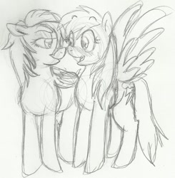 Size: 1034x1053 | Tagged: safe, artist:enigmaticfrustration, character:rainbow dash, character:spitfire, ship:spitdash, female, lesbian, monochrome, shipping, traditional art