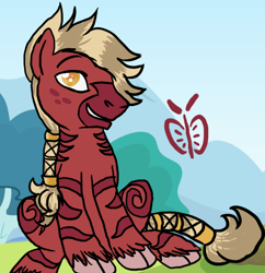 Size: 504x520 | Tagged: safe, artist:enigmaticfrustration, oc, oc only, parent:big macintosh, parent:zecora, parents:macora, species:zony, foal, hybrid, interspecies offspring, offspring, solo, tail wrap