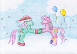 Size: 1024x718 | Tagged: safe, artist:normaleeinsane, character:minty, character:pinkie pie, g3, balloon, clothing, hat, snow, snowfall, socks, traditional art