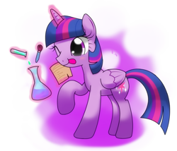 Size: 1330x1140 | Tagged: safe, artist:hoyeechun, character:twilight sparkle, character:twilight sparkle (alicorn), species:alicorn, species:pony, beaker, erlenmeyer flask, female, licking, licking lips, magic, mare, note, one eye closed, pipette, science, solo, telekinesis, test tube, tongue out