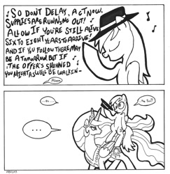 Size: 972x1000 | Tagged: safe, artist:abronyaccount, character:derpy hooves, character:princess celestia, species:pegasus, species:pony, clothing, comic, fedora, female, hat, lineart, lyrics, mare, monochrome, moonwalk, singing, smash mouth, song reference, walkin on the sun