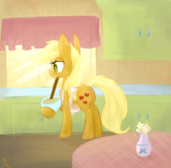Size: 800x786 | Tagged: safe, artist:meekcheep, character:applejack, species:earth pony, species:pony, apron, bowl, butt, clothing, cooking, female, flower, interior, kitchen, mare, mouth hold, plot, solo, table, vase