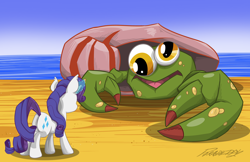 Size: 1700x1100 | Tagged: dead source, safe, artist:slitherpon, character:rarity, species:crab, species:pony, species:unicorn, banjo kazooie, beach, crossover, derp, ear fluff, ear tufts, female, giant crab, glowing horn, magic, mare, nipper, open mouth, plot, rareware, rarity fighting a giant crab