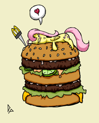 Size: 2000x2500 | Tagged: safe, artist:doggonepony, character:fluttershy, big mac (burger), burger, fast food, female, food, hamburger, heart, mcdonald's, micro, sandwich, shipping, size difference, solo, stealth pun