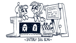 Size: 800x450 | Tagged: safe, artist:theartrix, species:pony, friendship is witchcraft, episode:sisterhooves social, g4, my little pony: friendship is magic, black and white, computer, doctor who, duo, female, filly, foal, free will, ghost, grayscale, grin, illusion, leaning forward, looking at each other, machine, monochrome, scanner, simple background, sisters, smiling, soul, standing, white background