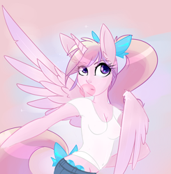 Size: 566x578 | Tagged: safe, artist:meekcheep, character:princess cadance, species:alicorn, species:anthro, g4, bow, breasts, bubblegum, clothing, colored eyebrows, eye clipping through hair, eyebrows, eyebrows visible through hair, female, hair bow, human facial structure, mare, pony coloring, ponytail, shirt, solo, tail, tail bow