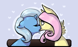 Size: 500x301 | Tagged: safe, artist:ferrettea, character:fluttershy, character:trixie, ship:trixieshy, broken horn, female, heart, kissing, lesbian, shipping