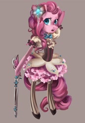 Size: 2044x2946 | Tagged: safe, artist:my-magic-dream, character:pinkie pie, species:anthro, bipedal, bow, clothing, dress, female, gun, magical girl, musket, open mouth, solo, stockings, thigh highs, weapon