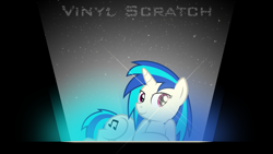 Size: 1920x1080 | Tagged: safe, artist:silentmatten, character:dj pon-3, character:vinyl scratch, species:pony, species:unicorn, cutie mark, female, hooves, horn, mare, smiling, solo, stars, text, vector, wallpaper
