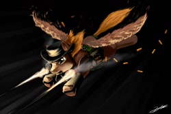 Size: 1500x1000 | Tagged: safe, artist:gasmaskfox, oc, oc only, oc:calamity, species:pegasus, species:pony, fallout equestria, battle saddle, clothing, fanfic, fanfic art, gun, hat, male, solo, stallion, weapon, wings