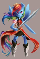 Size: 2044x2946 | Tagged: safe, artist:my-magic-dream, character:rainbow dash, species:pegasus, species:pony, bipedal, boots, clothing, element of loyalty, female, mare, semi-anthro, shoes, simple background, solo, sword