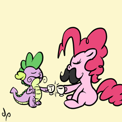 Size: 2500x2500 | Tagged: safe, artist:doggonepony, character:pinkie pie, character:spike, classy, drink, moustache, tea, tea party