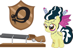 Size: 2149x1413 | Tagged: safe, artist:trotsworth, character:apple bloom, species:earth pony, species:pony, bride of frankenstein, clothing, costume, filly, frankenstein, gun, story of the blanks