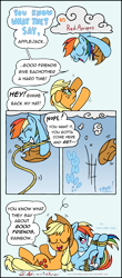 Size: 1460x3313 | Tagged: safe, artist:redapropos, character:applejack, character:rainbow dash, bondage, bound wings, cloud, comic, dialogue, prank, rope
