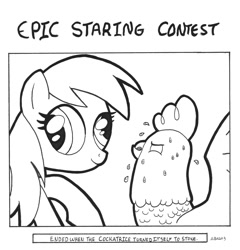 Size: 959x1000 | Tagged: safe, artist:abronyaccount, character:derpy hooves, species:cockatrice, species:pegasus, species:pony, female, lineart, mare, monochrome, staring contest