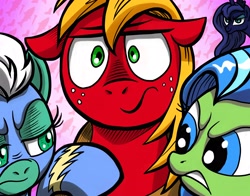 Size: 4200x3300 | Tagged: safe, artist:verulence, character:big mcintosh, character:fleetfoot, character:princess luna, character:tealove, species:earth pony, species:pony, ship:lunamac, spoiler:comic, spoiler:comic10, big macintosh gets all the mares, clothing, fleetmac, harem, i can't believe it's not idw, male, shipping, stallion, straight, teamac, uniform, wonderbolts uniform, zen and the art of gazebo repair