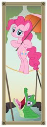 Size: 808x2176 | Tagged: safe, artist:icaron, character:gummy, character:pinkie pie, species:earth pony, species:pony, bipedal, crossover, duo, female, mare, pet, show accurate, stretching portrait, the haunted mansion, tightrope, umbrella