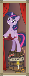 Size: 1500x3956 | Tagged: safe, artist:icaron, character:twilight sparkle, species:pony, species:unicorn, barrel, bipedal, book, candle, crossover, dynamite, explosives, female, mare, peril, show accurate, solo, stretching portrait, the haunted mansion, this will end in death, this will end in tears, this will end in tears and/or death