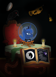 Size: 3000x4101 | Tagged: safe, artist:icaron, character:princess luna, species:bird, book, candle, crossover, female, madame leota, moon, musical instrument, show accurate, solo, tambourine, the haunted mansion, trumpet