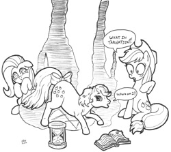 Size: 1120x1000 | Tagged: safe, artist:abronyaccount, character:applejack, character:applejack (g1), character:fluttershy, species:earth pony, species:pony, g1, g4, black and white, book, bow, dialogue, female, g1 to g4, generation leap, generational ponidox, grayscale, hourglass, mare, monochrome, ponidox, simple background, speech bubble, tail bow, text, traditional art, white background