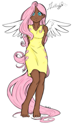 Size: 703x1200 | Tagged: safe, artist:aphexangel, artist:danerboots, character:fluttershy, species:human, arm behind back, cutie mark on clothes, female, humanized, solo, tailed humanization, winged humanization