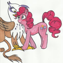 Size: 1532x1544 | Tagged: safe, artist:enigmaticfrustration, character:gilda, character:pinkie pie, species:griffon, ship:gildapie, female, lesbian, shipping, traditional art